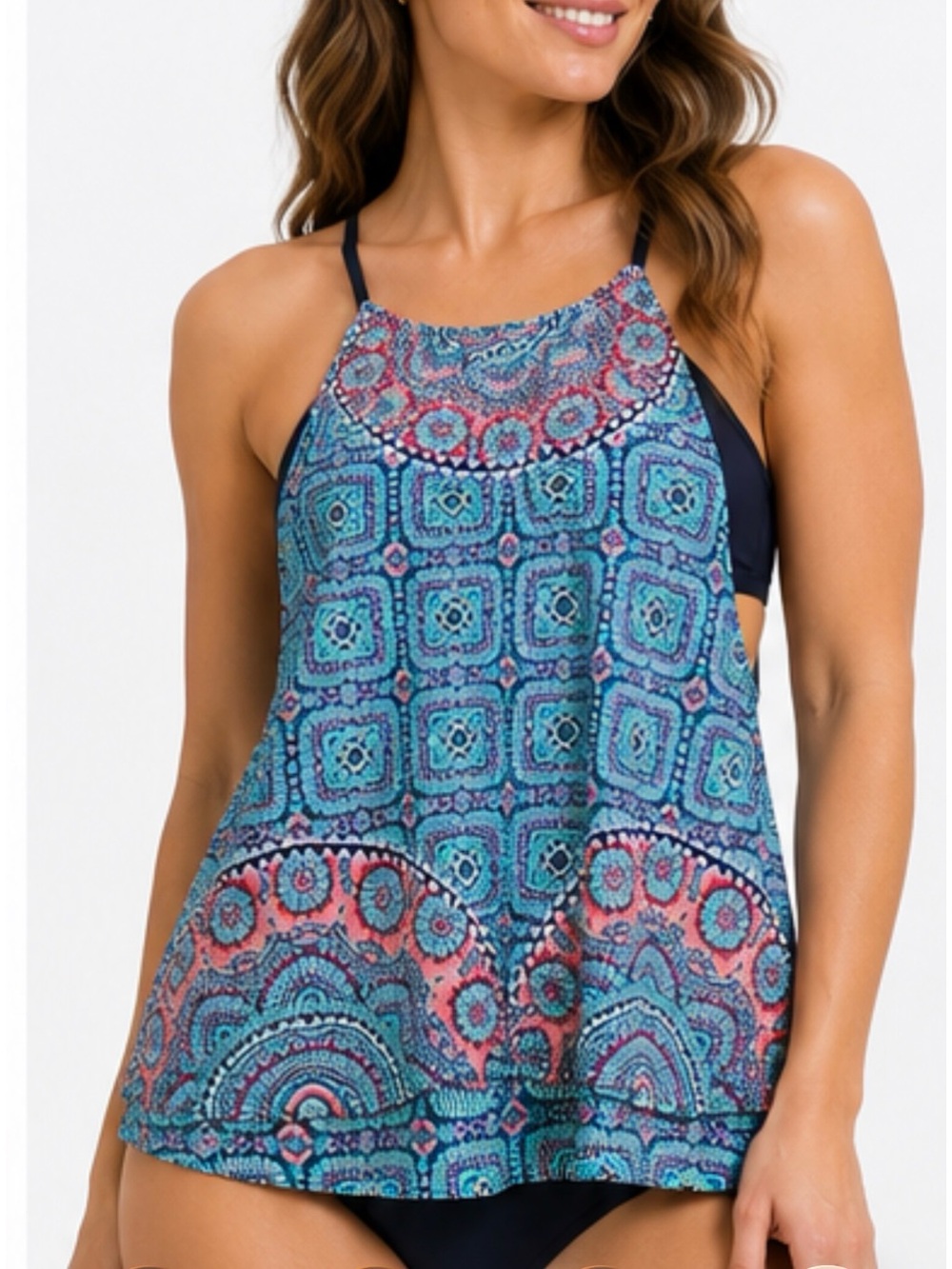 Athleta Fiji High Neck Tankini Swim Top Geo Mosaic Print Navy 36D/DD Support